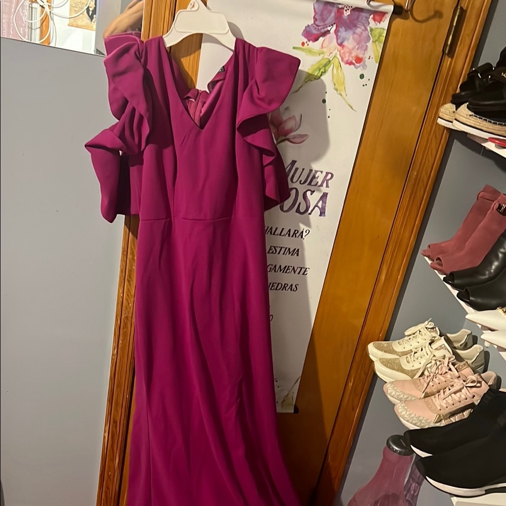 Red Maxi Gown with Flutter Sleeves and V-Neck for Wedding Guest